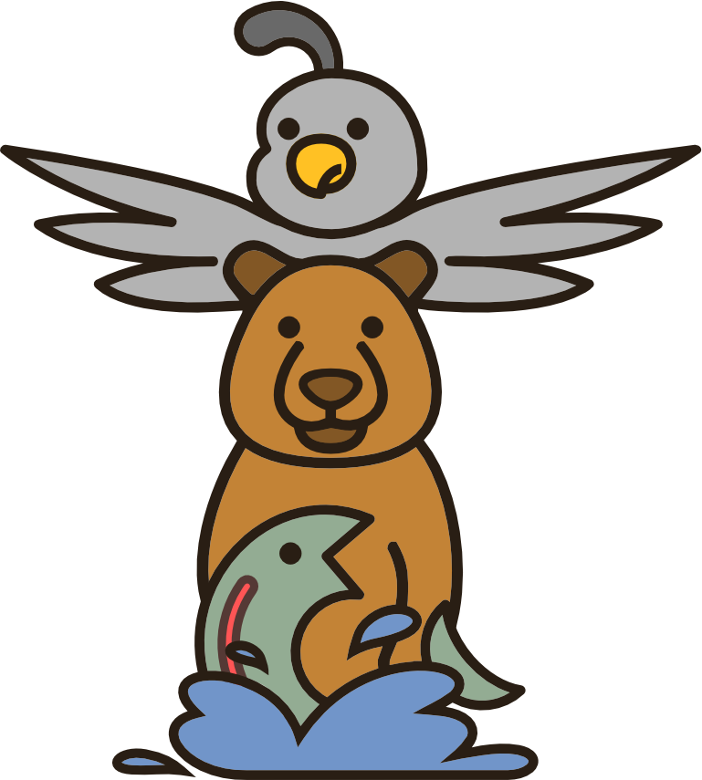 Totem logo — totem pole with bear, trout, and quail